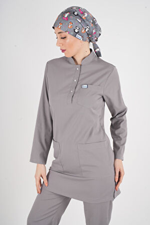 Gri Renk Sakura Model Tesettür Doktor Hemşire Scrubs Üniforma Takımı