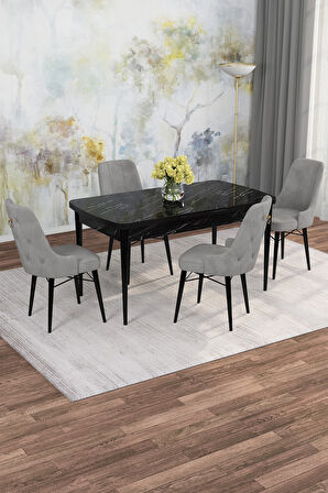 Arven Serisi 80x132 Açılabilir MDF Siyah Mermer Desen Mutfak Masa Takımı 4 Sandalye