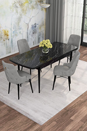 Arven Serisi 80x132 Açılabilir MDF Siyah Mermer Desen Mutfak Masa Takımı 4 Sandalye