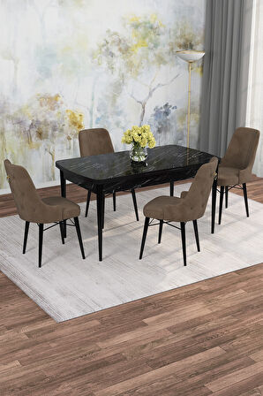 Arven Serisi 80x132 Açılabilir MDF Siyah Mermer Desen Mutfak Masa Takımı 4 Sandalye