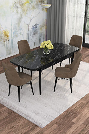 Arven Serisi 80x132 Açılabilir MDF Siyah Mermer Desen Mutfak Masa Takımı 4 Sandalye
