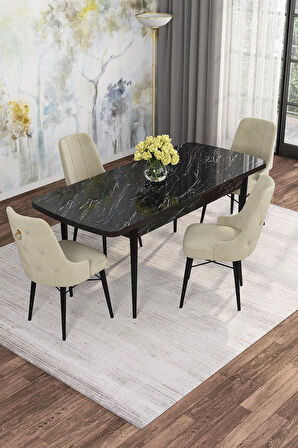 Arven Serisi 80x132 Açılabilir MDF Siyah Mermer Desen Mutfak Masa Takımı 4 Sandalye