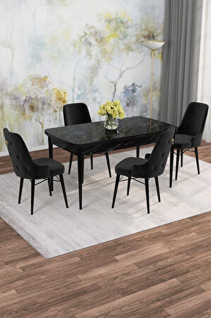 Arven Serisi 80x132 Açılabilir MDF Siyah Mermer Desen Mutfak Masa Takımı 4 Sandalye