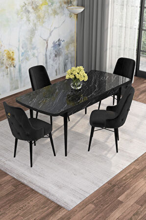 Arven Serisi 80x132 Açılabilir MDF Siyah Mermer Desen Mutfak Masa Takımı 4 Sandalye