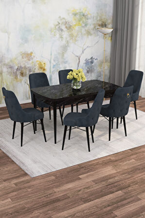 Arven Serisi 80x132 Açılabilir MDF Siyah Mermer Desen Mutfak Masa Takımı 6 Sandalye