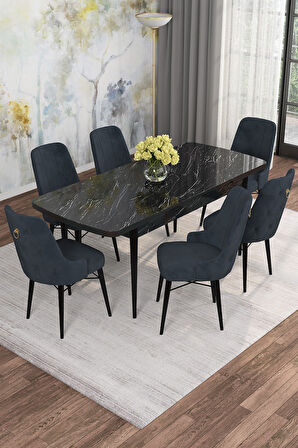 Arven Serisi 80x132 Açılabilir MDF Siyah Mermer Desen Mutfak Masa Takımı 6 Sandalye