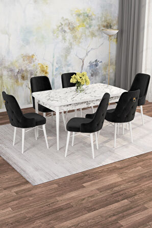 Arven Serisi 80x132 Açılabilir MDF Beyaz Mermer Desen Mutfak Masa Takımı 6 Sandalye