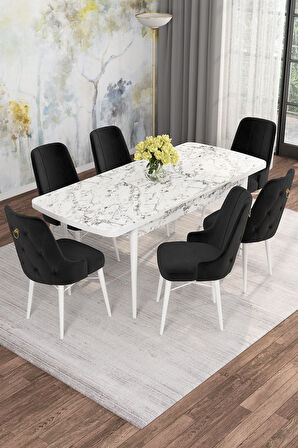 Arven Serisi 80x132 Açılabilir MDF Beyaz Mermer Desen Mutfak Masa Takımı 6 Sandalye