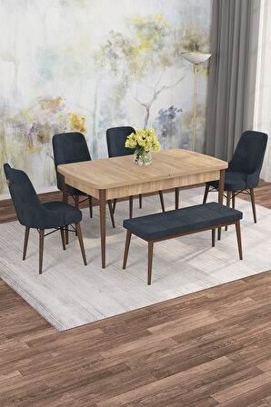 Arven Serisi 80x132 Açılabilir MDF Atlantik Çam Mutfak Masa Takımı 4 Sandalye 1 Bench