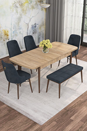 Arven Serisi 80x132 Açılabilir MDF Atlantik Çam Mutfak Masa Takımı 4 Sandalye 1 Bench