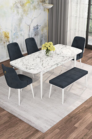 Arven Serisi 80x132 Açılabilir MDF Beyaz Mermer Desen Mutfak Masa Takımı 4 Sandalye 1 Bench