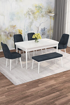 Arven Serisi 80x132 Açılabilir MDF Beyaz Mutfak Masa Takımı 4 Sandalye 1 Bench