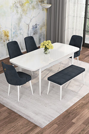Arven Serisi 80x132 Açılabilir MDF Beyaz Mutfak Masa Takımı 4 Sandalye 1 Bench