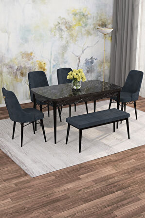 Arven Serisi 80x132 Açılabilir MDF Siyah Mermer Desen Mutfak Masa Takımı 4 Sandalye 1 Bench