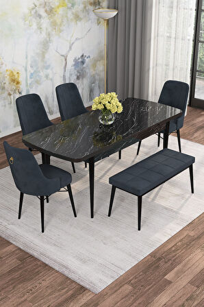Arven Serisi 80x132 Açılabilir MDF Siyah Mermer Desen Mutfak Masa Takımı 4 Sandalye 1 Bench