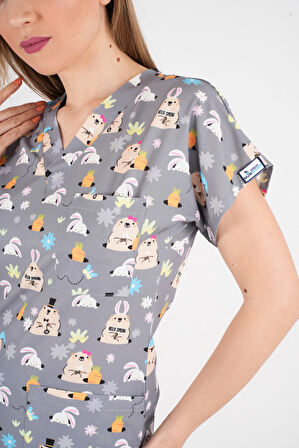 Unisex Snack Time Desenli Doktor Hemşire Cerrahi Scrubs Üniforma Takım