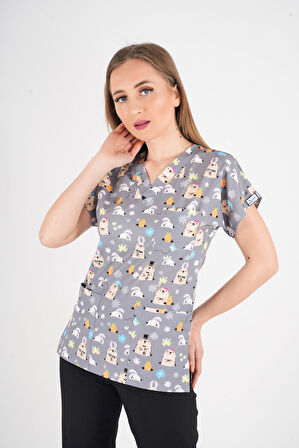 Unisex Snack Time Desenli Doktor Hemşire Cerrahi Scrubs Üniforma Takım