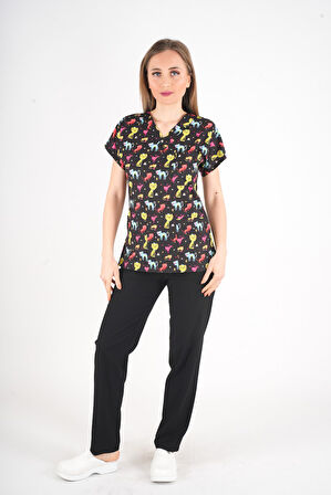 Unisex Cool Cats Club Desenli Doktor Hemşire Hastane Aşçı Mutfak Scrubs Üniforma Takım