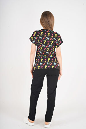 Unisex Cool Cats Club Desenli Doktor Hemşire Hastane Aşçı Mutfak Scrubs Üniforma Takım