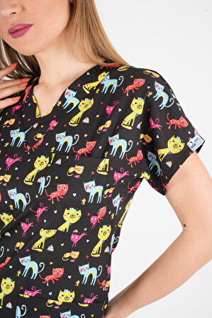 Unisex Cool Cats Club Desenli Doktor Hemşire Hastane Aşçı Mutfak Scrubs Üniforma Takım