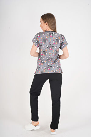 Unisex Pandex Desenli Doktor Hemşire Hastane Aşçı Mutfak Scrubs Üniforma Takım