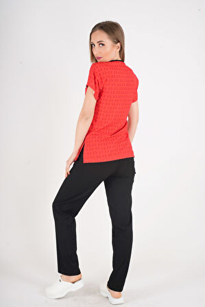 Unisex Kırmızı Kalpler Desenli Doktor Hemşire Hastane Scrubs Üniforma Takımı