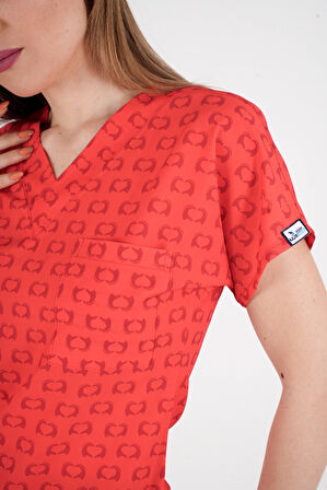 Unisex Kırmızı Kalpler Desenli Doktor Hemşire Hastane Scrubs Üniforma Takımı