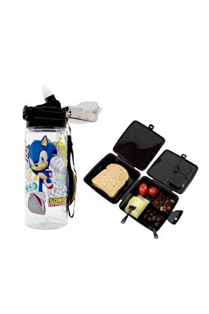 Siyah Sonic Lisanslı 500 ml Matara Ve Dört Bölmeli Beslenme Kabı Seti