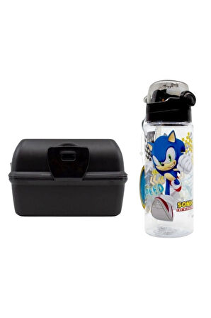 Siyah Sonic Lisanslı 500 ml Matara Ve Dört Bölmeli Beslenme Kabı Seti