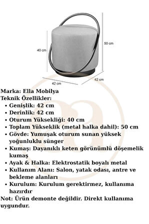  Loop Serisi Puf, Metal Halkalı Puf, Makyaj Oturağı ,Puf Bench Montajsız Oturak Siyah Metal Ayaklı
