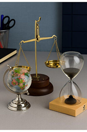 3 Lü Hediye Seti Dekoratif Ofis Masa Üstü Retro Terazi Kum Saati Cam Dünya Küre Ofis Hediyesi