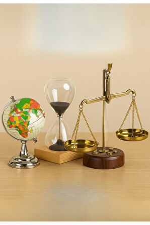 3 Lü Hediye Seti Dekoratif Ofis Masa Üstü Retro Terazi Kum Saati Cam Dünya Küre Ofis Hediyesi