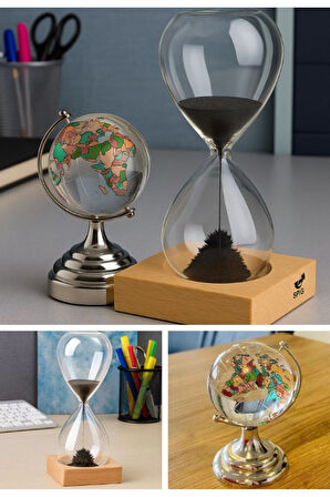 Ofis Masa Üstü Hediyelik Manyetik Ahşap Kum Saati ve Kristal Renkli Cam Dünya Küre Ofis Hediye Seti