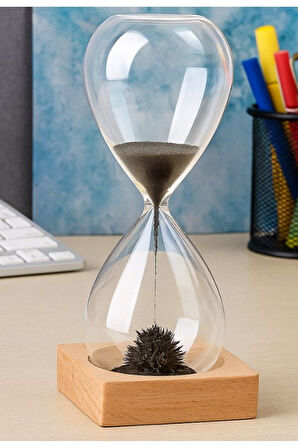 Ofis Masa Üstü Hediyelik Manyetik Ahşap Kum Saati ve Kristal Renkli Cam Dünya Küre Ofis Hediye Seti