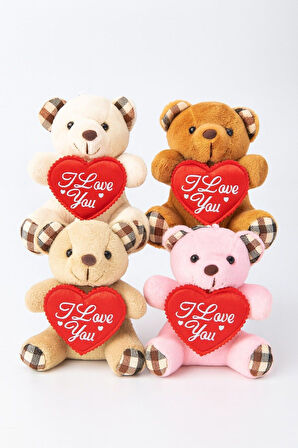 I Love You Seni Seviyorum Mesajlı 4 Adet Sevimli Mini Peluş Ayıcık Kalpli 11x9 cm Peluş Ayıcıklar
