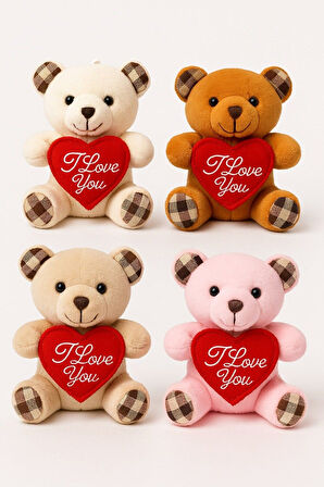 I Love You Seni Seviyorum Mesajlı 4 Adet Sevimli Mini Peluş Ayıcık Kalpli 11x9 cm Peluş Ayıcıklar