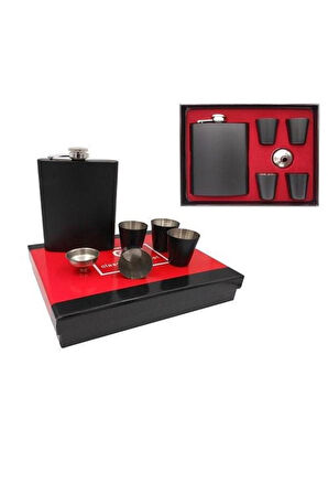İsme Kişiye Özel Cep Matarası Özel Kutusunda Aslan Motifli Siyah Çelik Matara Hediye Seti 4 Bardaklı