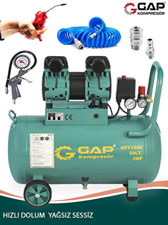 Germany Stle GP 50 Litre Sessiz Yağsız Hızlı Dolum 2 HP Kompresör Lastik Şişirme Hava Hortumu Setli
