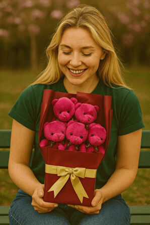 5’li Sevimli Fuşya Peluş Ayıcıklar Buketi Sevgiliye Doğum Günü Özel Günlere Romantik Sürprz Hediye