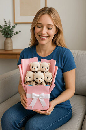 Sevgiliye Doğum Günü Özel Günler İçin Romantik 5’li Sevimli Bej Peluş Ayıcıklar Buketi Sürprz Hediye