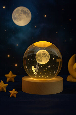 Ledli USB'li Ahşap Standlı Merdivenle Aya Çıkan Astronot Temalı Küre Gün Işığı 3D Oda Gece Lambası