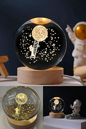 Ledli USB'li Ahşap Standlı Merdivenle Aya Çıkan Astronot Temalı Küre Gün Işığı 3D Oda Gece Lambası
