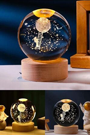 Ledli USB'li Ahşap Standlı Merdivenle Aya Çıkan Astronot Temalı Küre Gün Işığı 3D Oda Gece Lambası