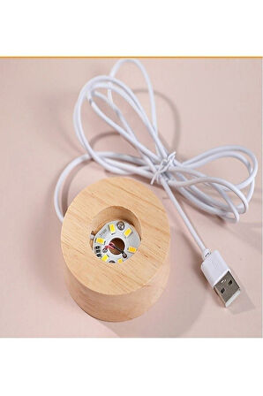 Ledli USB'li Ahşap Standlı Dolunay Küre Temalı Kristal Ay Küre Gün Işığı 3D Oda Masa ve Gece Lambası