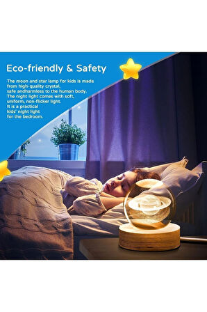 Ledli USB'li Ahşap Standlı Satürn Küre Temalı Kristal Küre Gün Işığı 3D Oda Masa ve Gece Lambası