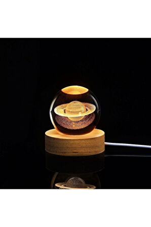 Ledli USB'li Ahşap Standlı Satürn Küre Temalı Kristal Küre Gün Işığı 3D Oda Masa ve Gece Lambası
