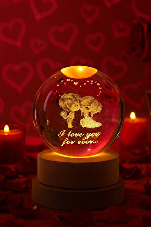 Ledli USB'li Ahşap Standlı Sevgili Çiftler I Love You Forever Temalı Kristal Küre Gün Işığı 3D Lamba