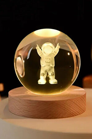 Ledli USB'li Ahşap Standlı Astronot Küre Temalı Kristal Küre Gün Işığı 3D Oda Masa ve Gece Lambası