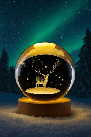 Ledli USB'li Ahşap Standlı Geyik Figürlü Temalı Kristal Küre Gün Işığı 3D Oda Masa ve Gece Lambası