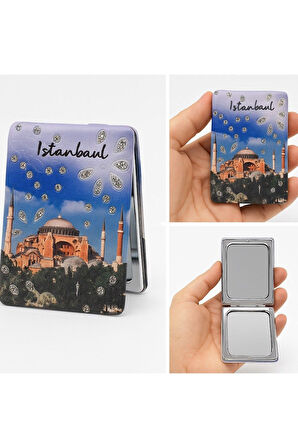 Anılarla Dolu İstanbul Hatırası Işıltılı Taşlı Cami Temalı Katlanabilir Mini Makyaj Cep Aynası